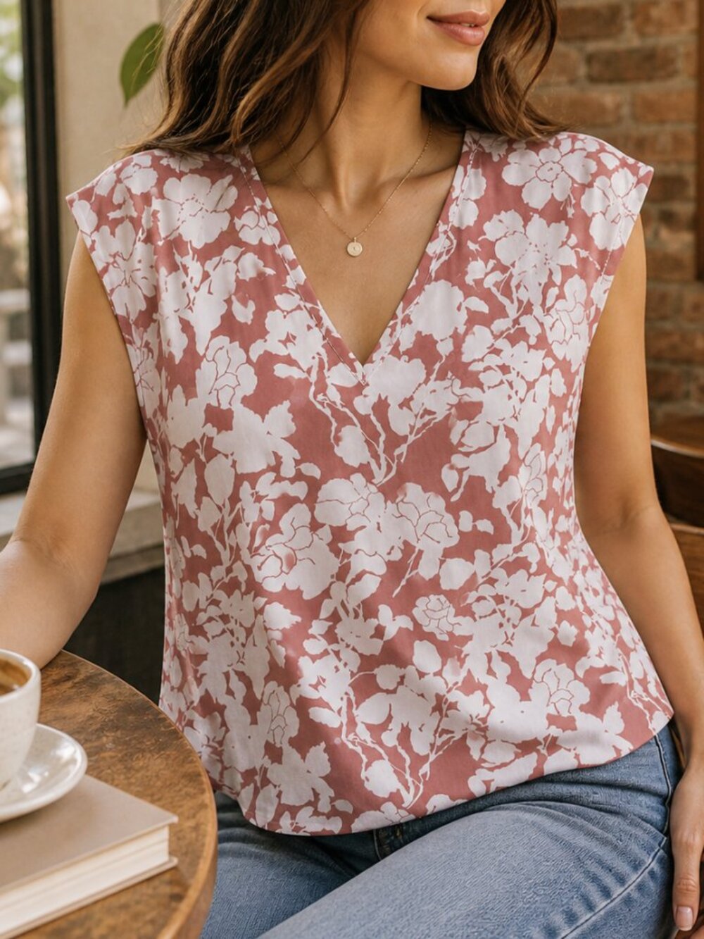 Emery Rose Floral Blouse Small Pink White V-Neck Lightweight Sleeveless Top